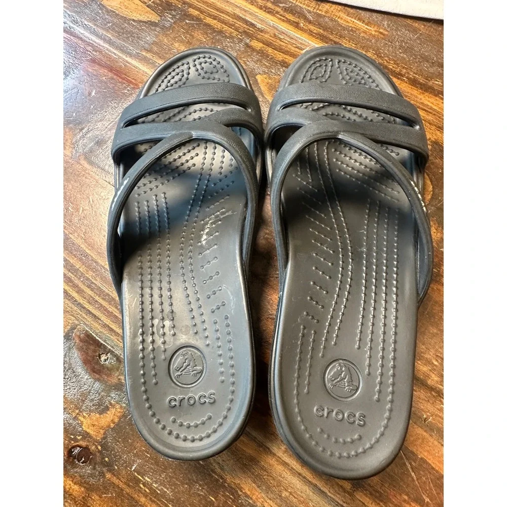 Crocs Patricia Black Wedge Sandals Multi Strap Comfort Slide Shoes Womens 8